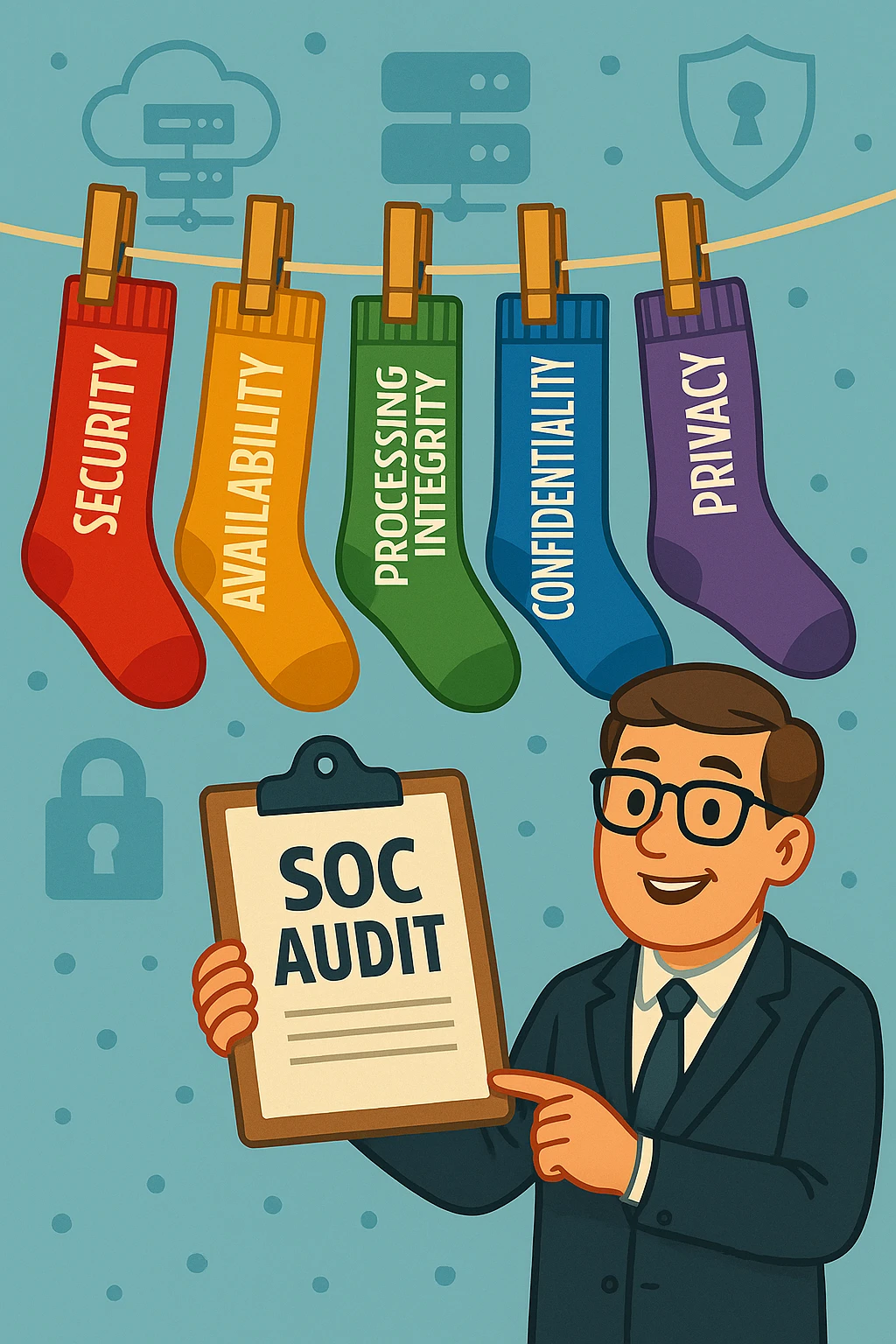 Does this SOC fit image - corrected A man smiles as he holds a clipboard that says "SOC Audit". He is standing under a clothesline with 5 socks with the text: Security, Availability, Processing Integrity, Confidentiality and Privacy.