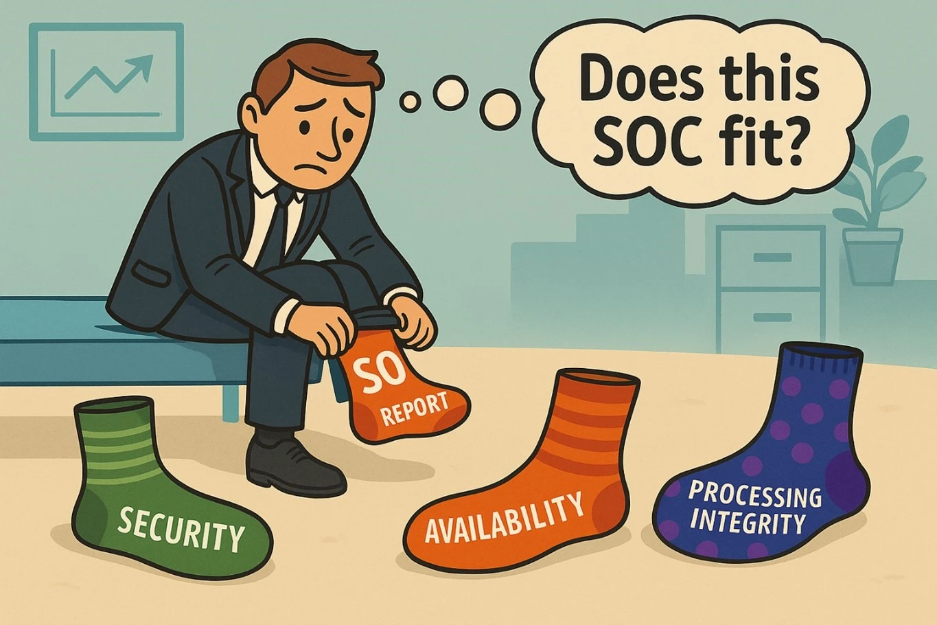 Does this SOC fit (pic 1) A man sadly tries on four socks labeled: Security, SO Report, Availability, and Processing Integrity while thinking "Does this SOC fit?"