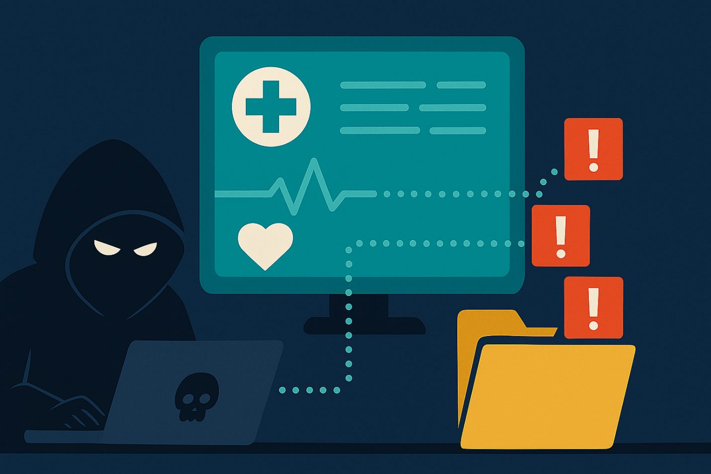 A hooded figure using a laptop with a skull and crossbones steals valuable data