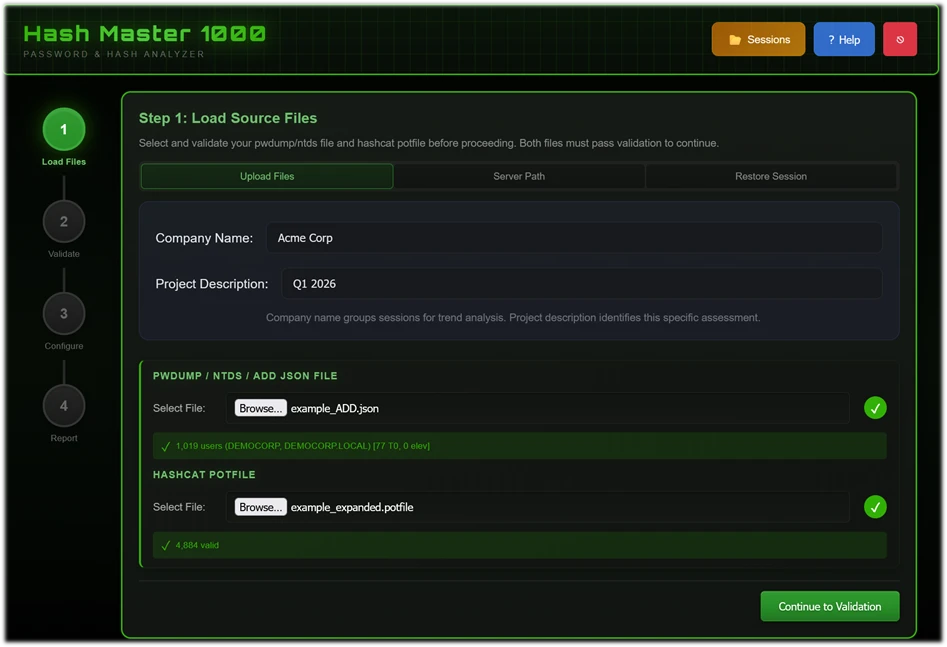 Step one of Hash Master 1000 is shown with options to upload the file containing the password hashes locally or from a remote location. Also shown is the ability to set a company and project name for the job, as well as a specified hashcat potfile.