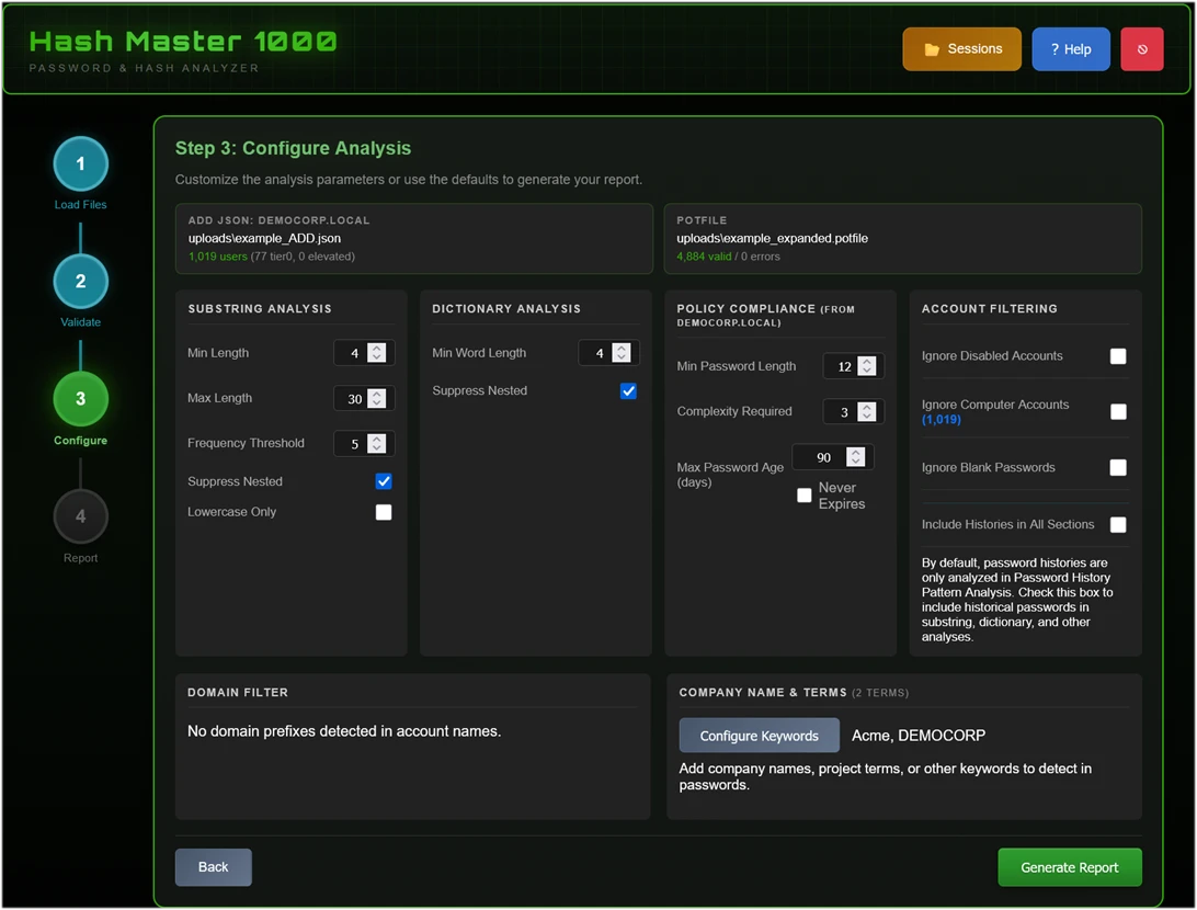 Step three displays the report configuration screen. Categories for configuration include; substring analysis, discretionary analysis, policy compliance, account filtering, and password keywords.