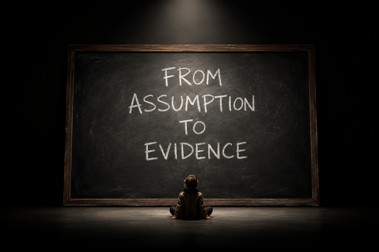 A person looks up at a large black board that has "From Assumption To Evidence" written on it.
